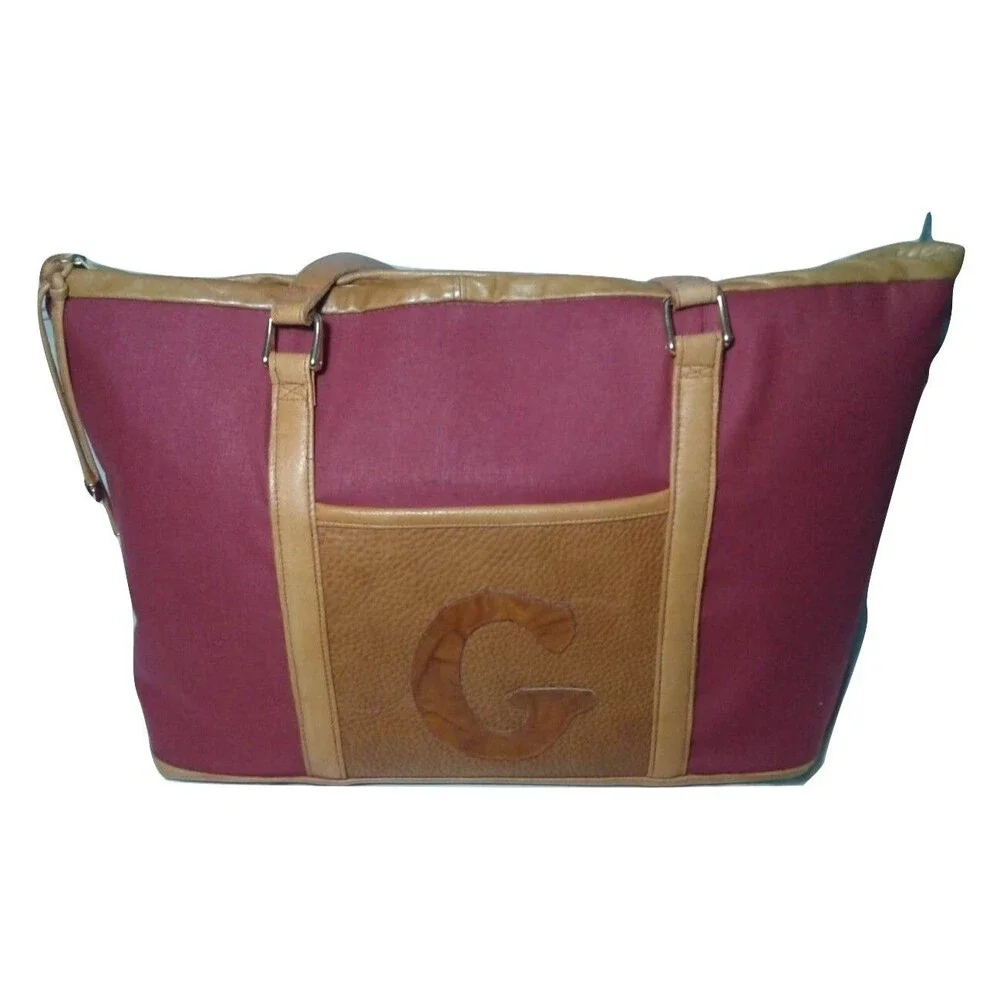 Lesley Sara Custom Made Cotton & Leather Tote Large Carry All Burgundy & Brown